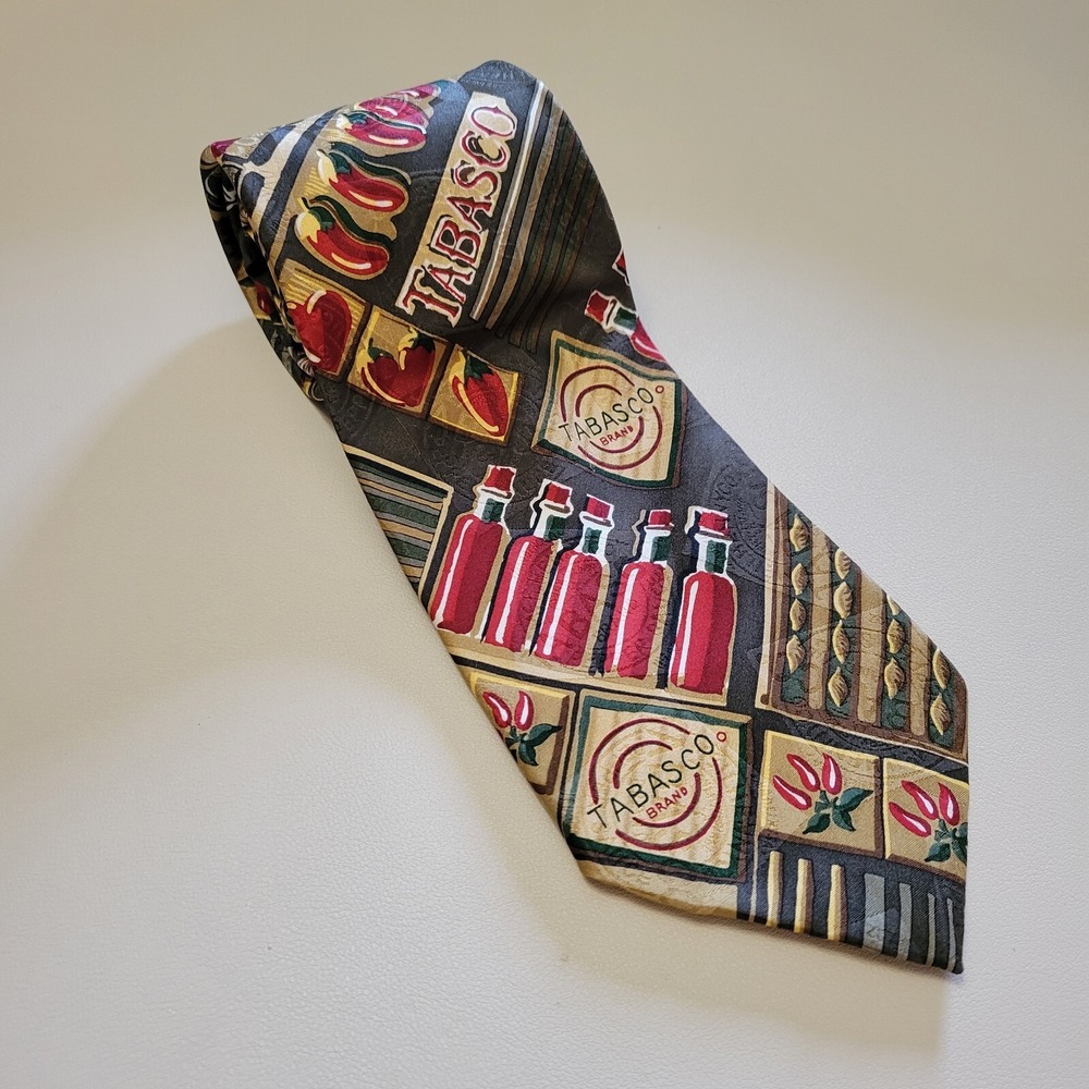 Tabasco Patterned Silk‎ Green and Red Necktie Neck Tie Made in USA 59""x4"